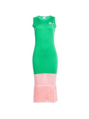 Ivy Storehouse Green Sleeveless Knit Dress with Pink Fringe Hem